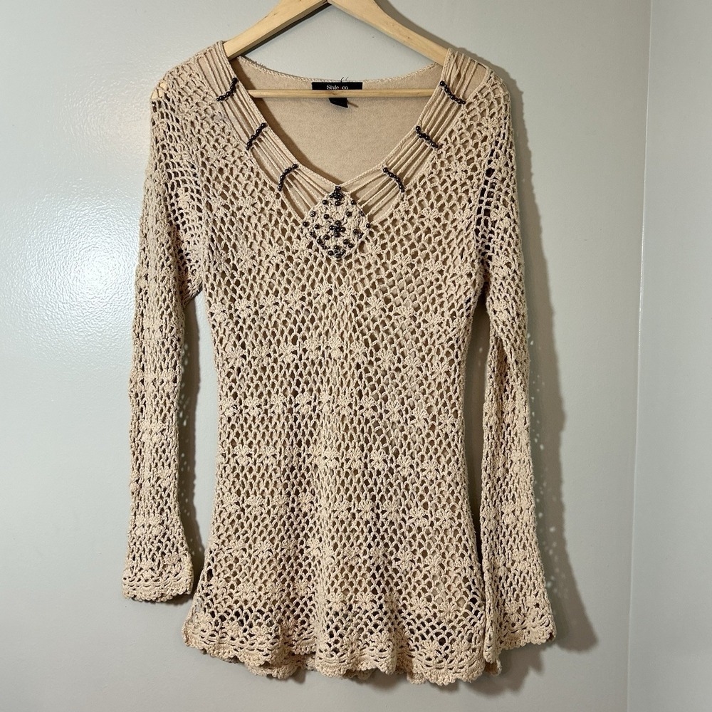 Y2K Style & Co Crochet Tunic Women's Medium Tan Beaded Boho Festival